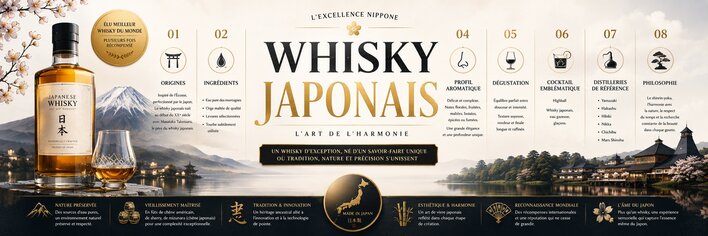 Infographie sur le whisky japonais présentant les principales distilleries du Japon, les méthodes d'élaboration et les caractéristiques des whiskies japonais
